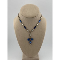 Antique Art Deco Rhinestone Flower Y Drop Necklace Silver Tone READ