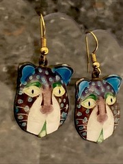 Laurel Burch VTG.70s Cloisonne Leopard Cat Enamel Dangle Drop Hook Earrings 1.5”