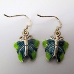 BUTTERFLY EARRINGS Sterling Silver & ENAMEL Green BLUE Magenta PINK Dangle DROP