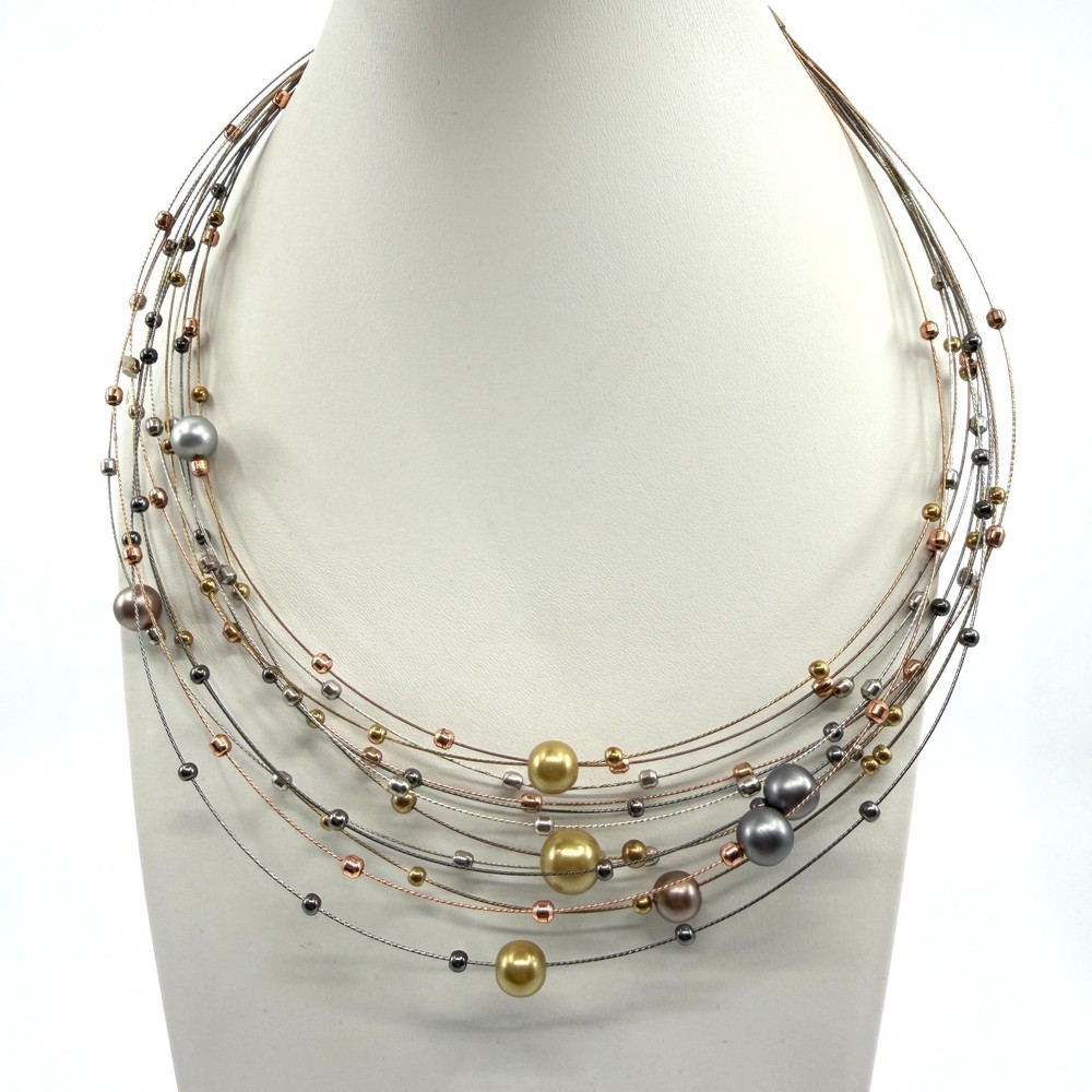 Multi Strand Wire Necklace Mixed Metallic Beads Statement Layered Jewelry Gift
