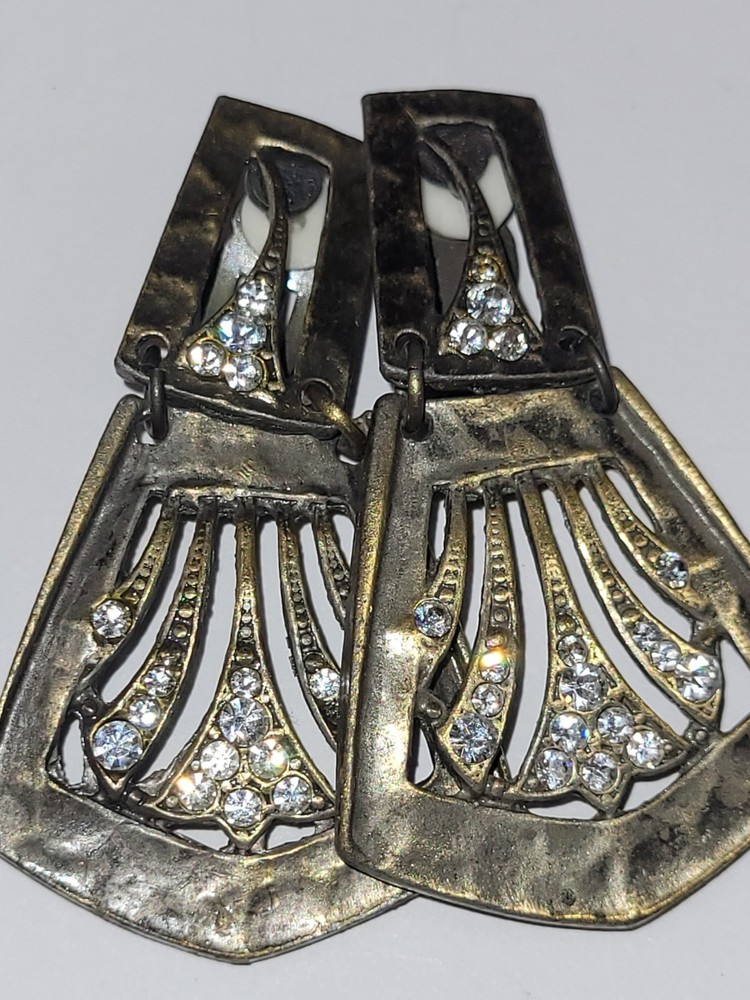 Vintage Art Deco Style Bronze Tone Clear Rhinestone Dangle Drop Clip-On Earrings