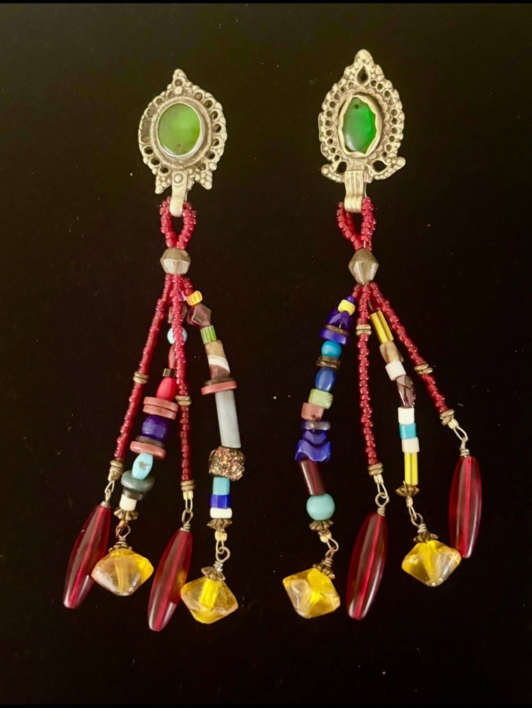 Unique Vintage 1980s 5.5” Length Hand Beaded Earrings Handmade in Africa