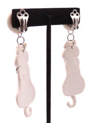 White Cat Kitty Earrings READ Vintage 80s Clay Ceramic Rhinestone Dangle Clip-On