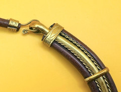 Antique Gold Tone Leather & Oval Brown Stone Choker Necklace Vintage