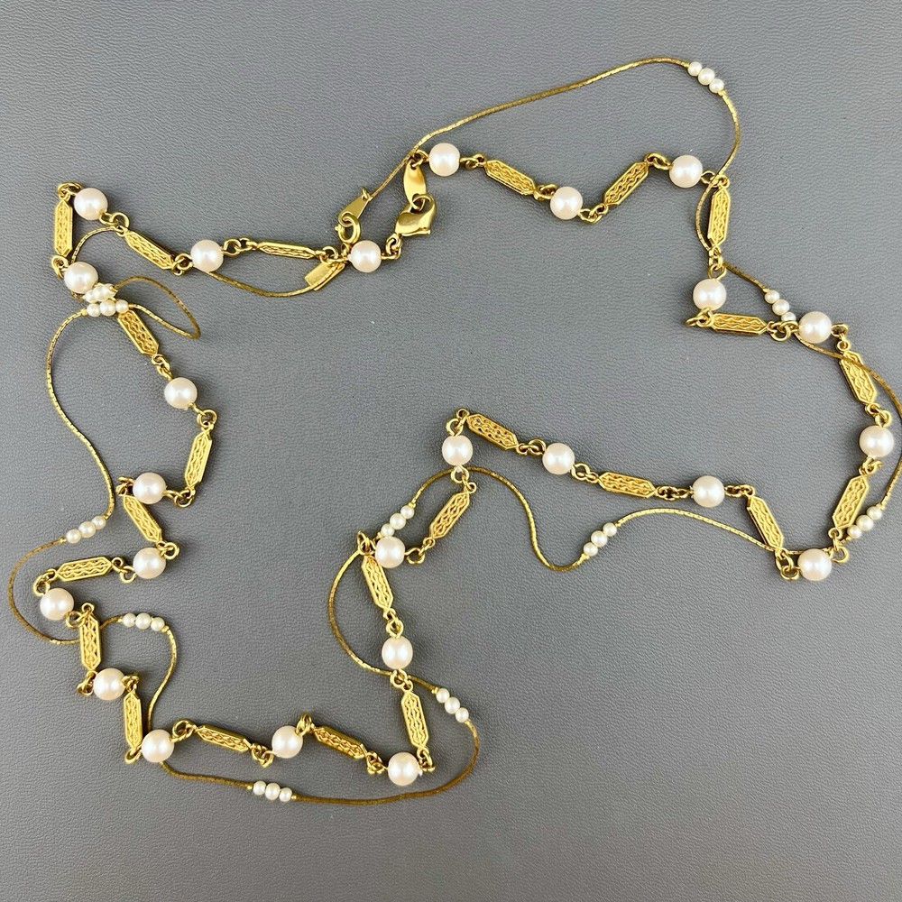 Vintage Necklace Lot Marvella Faux Pearl Bar Link Chain Gild Tone 28”