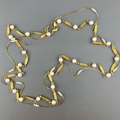 Vintage Necklace Lot Marvella Faux Pearl Bar Link Chain Gild Tone 28”