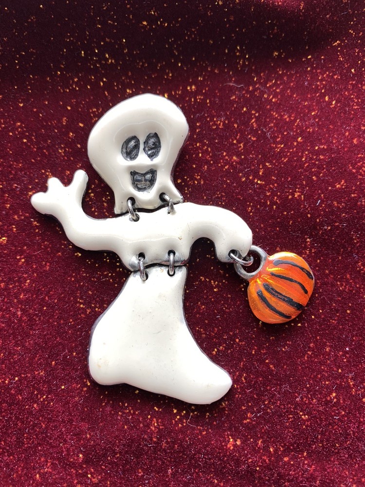 Vintage 1980s Halloween Ghost w/Jack O Lantern Brooch Enamel Pin 2.75” X 2”
