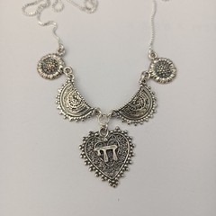 Chai Heart Necklace Filigree Silver Bib Folk Ethnic Judaica Life In Hebrew Gift