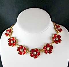ETC! Red Enamel Flower Necklace Floral Links Crystal Center Gold Tone Fashion
