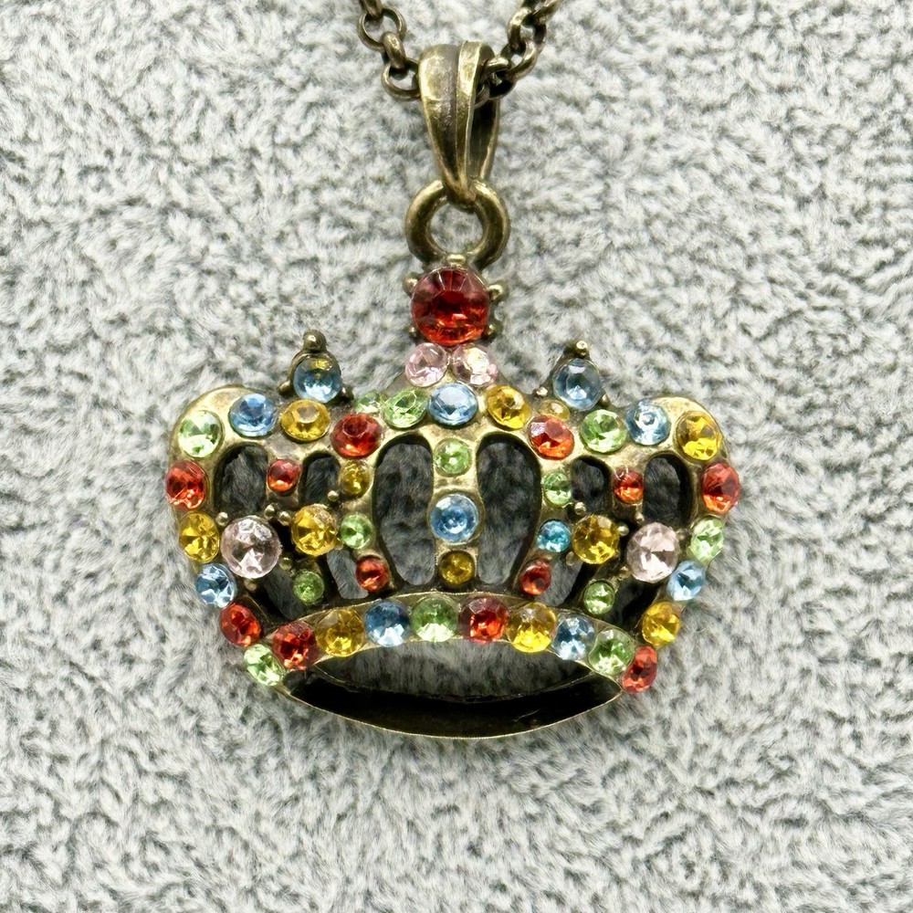 Vintage Crown Rhinestone Pendant Necklace Multi Color Men Women 16-18”