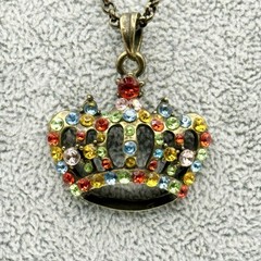 Vintage Crown Rhinestone Pendant Necklace Multi Color Men Women 16-18”
