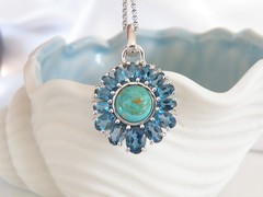Sterling Silver 925 Turquoise London Blue Topaz NF Pendant 28″ Rolo Necklace