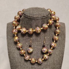 Vintage Chinese Cloisonné Bead Necklace – Pink & Blue Floral on Gold – 26″ L