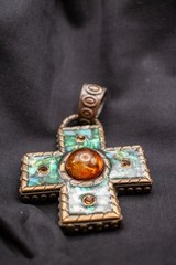 Vntg Brass Cross Pendant Abalone Shell Mosaic Faux Amber Cabochon Boho Pendant