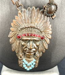 Copper Metal Native American Chief Necklace 20″ Glass Rhinestones Blue Beads Vtg
