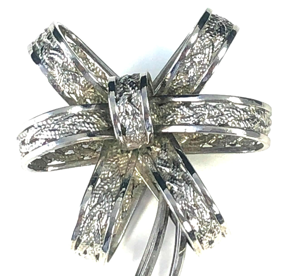 Vintage Fancy Bow Brooch – Dark Silver Tone Open Work – Braided Design – Riveted