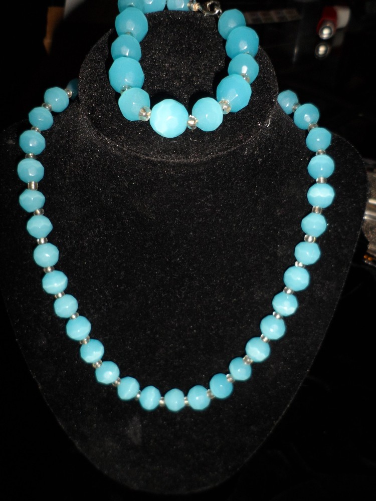 Turquoise Sky Blue Round Necklace Bracelet Set Stone Glass Spring Summer Wedding