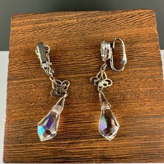 Vintage Earrings AB Crystal Dangle Silver Tone Filigree Briolette Teardrop Clip
