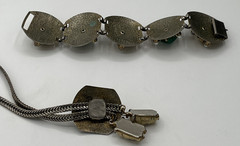 Vintage Sculpted Face Pendant Necklace & Green Stone Bracelet Set