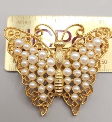 M J ENT 14K Gold Plated Butterfly Pin Brooch Faux Pearl Filigree Vintage Signed
