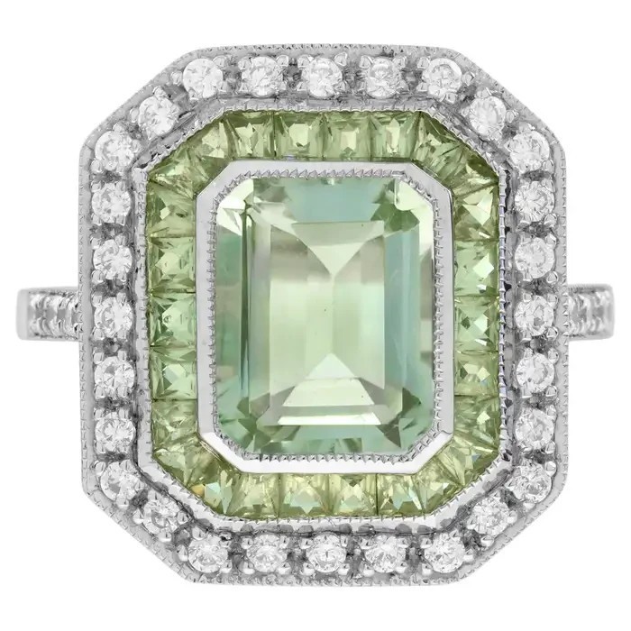 Art Deco Style Lab Created Diamond Green Amethyst Peridot 14K White Gold FN Ring