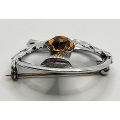Scottish Thistle Brooch Kilt Shawl Pin Silvertone Orange Rhinestone Vintage