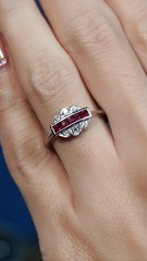 14K White Gold Finish French Cut Ruby Lab Created Diamond Art Deco Style Ring