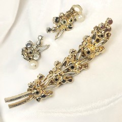 Juliana D&E Faux Pearl Bead AB Rhinestone Brooch Earring Book Piece Vtg Heirloom