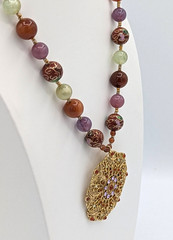 Vintage Graziano Mandala Pendant Necklace Cloisonne Beads Gold tone Statement