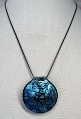Beautiful Vintage Hand Blown Blue & Black Crackled Pendant On Cord Necklace