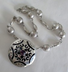VINTAGE MEXICO BOLD STERLING PENDANT NECKLACE 2 INCHES, 42 GRAMS, AMETHYST, 20″