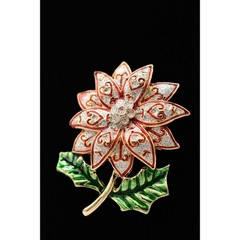 Vintage Christmas Flower Pin Brooch Glitter Enamel Red Silver Gold NOS BinA3