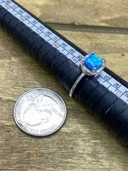 Vintage Blue Opal & CZ Sterling Silver Halo Ring Sz. 9.75