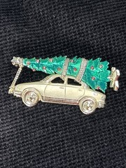 AJC Large Christmas Brooch Bringing Home the Tree with Car Gold Tone and Enamel