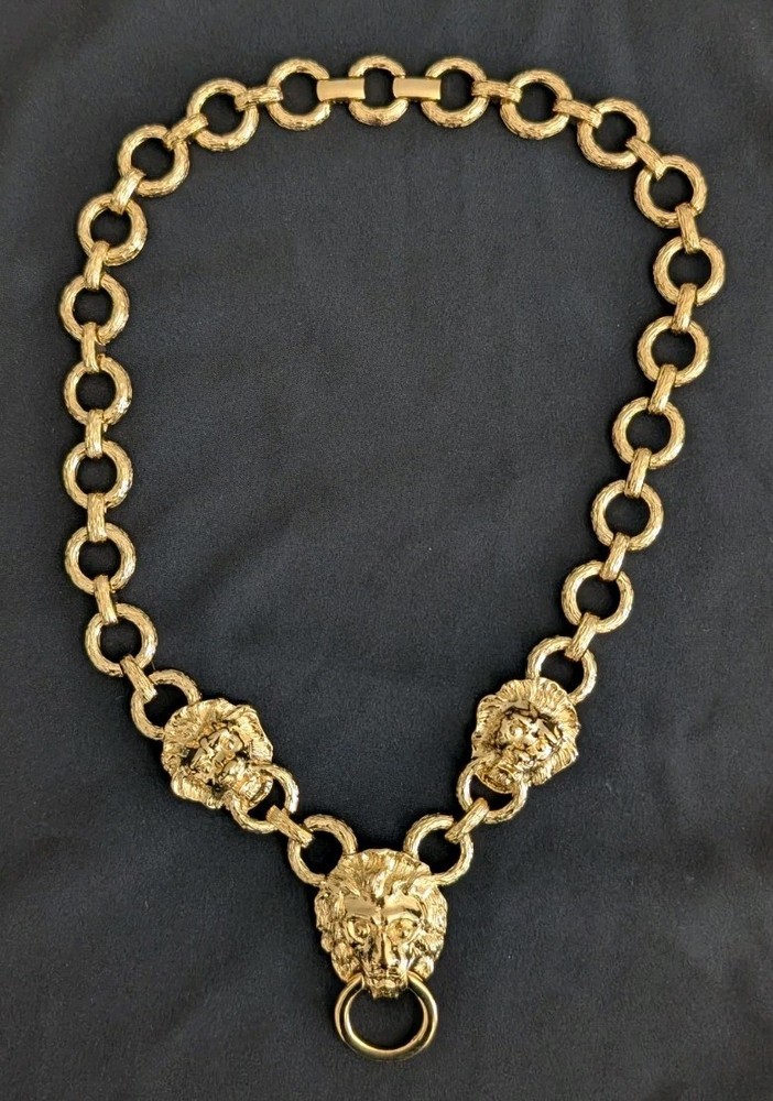 Vintage Kenneth Jay Lane KJL Triple Lion Head Door Knocker Necklace 18”