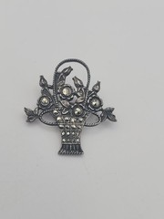 Sterling Silver Marcasite Art Deco Flower Basket Roses Vintage Brooch READ Gift