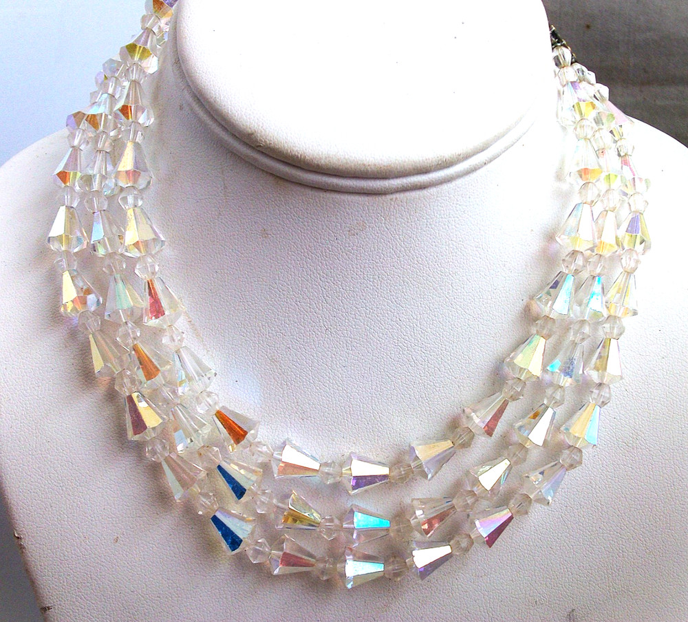 Haskell? AB triple strand,crystal,tapered baguette,vintage necklace,earrings,set