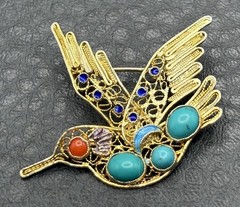 VTG Hummingbird Brooch Vermeil 925 Sterling Silver Turquoise Coral Blue Enamel