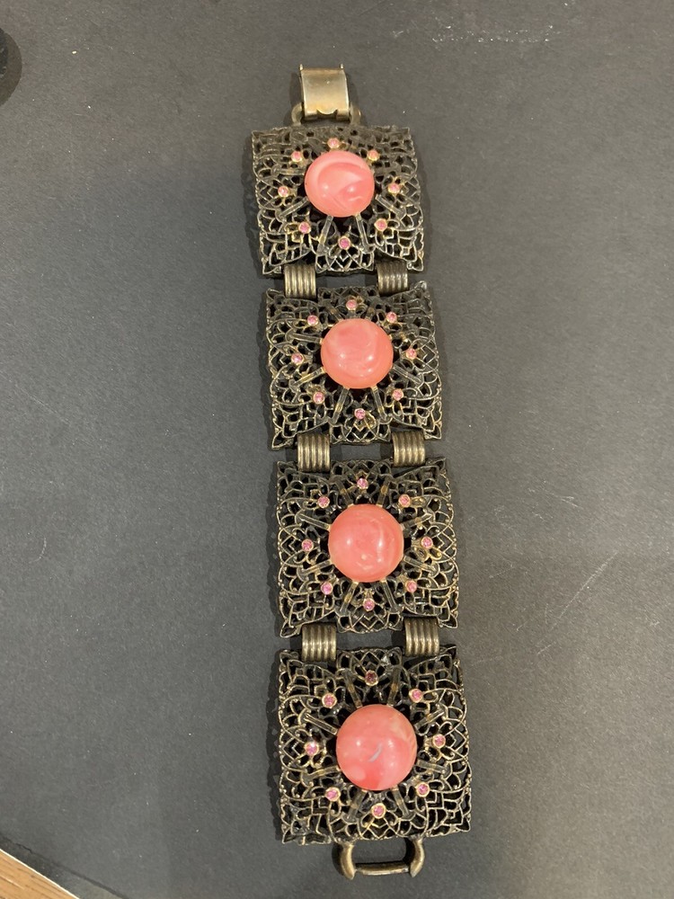 Vintage Wide Pink Cabochon Plastic Stone Ornate Bracelet