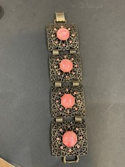 Vintage Wide Pink Cabochon Plastic Stone Ornate Bracelet