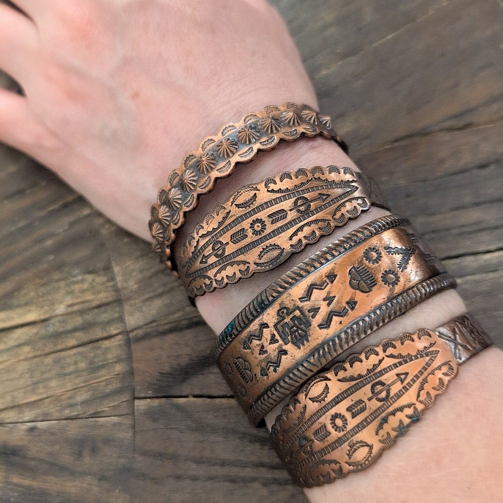 Vintage Southwest copper cuff, Bell Trading Post hand-stamped bracelet