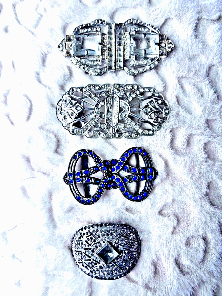 Lot of 4 Art Deco Brooch MWCA 1930s & Blue Rhinestone Buckles