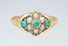 Pretty Antique Victorian 15K Gold Turquoise Pearl Floral Engraved Ring 1869 5.75