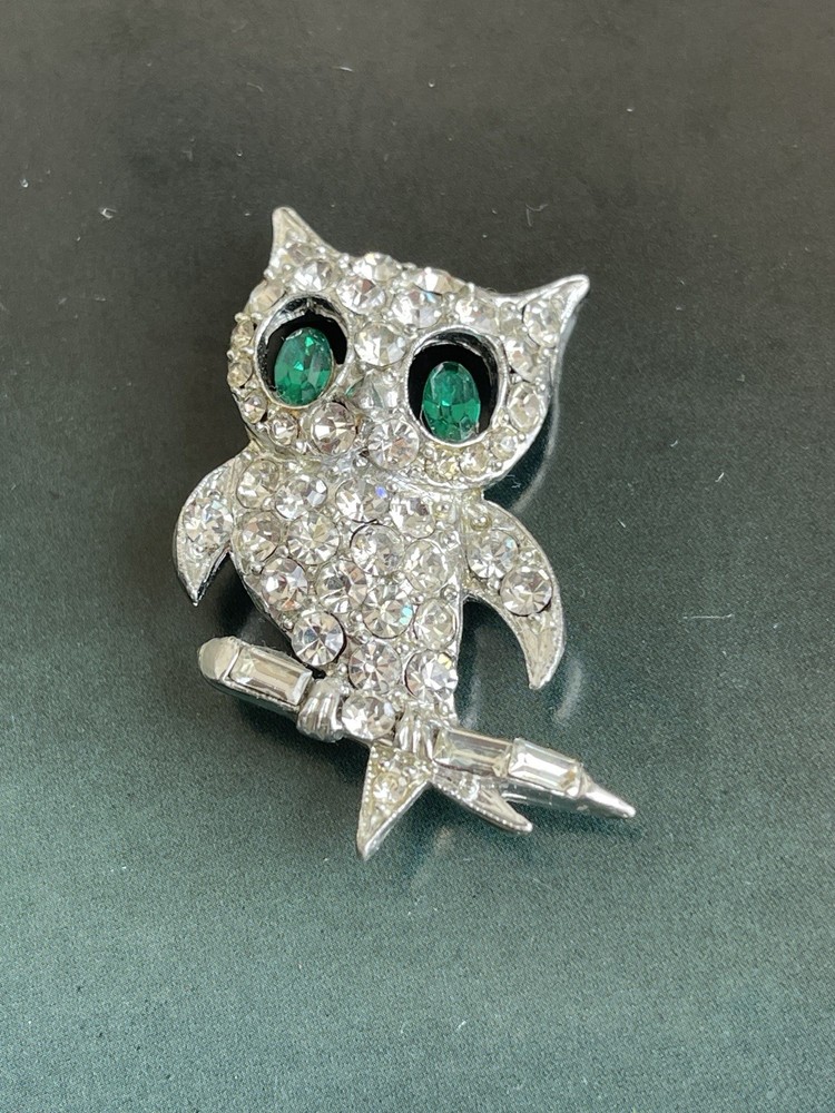 Vintage Signed Pell Rhinestone Owl Brooch Pin Bird