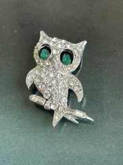 Vintage Signed Pell Rhinestone Owl Brooch Pin Bird