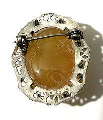 Antique Sterling Silver Gold tone Large Oval Butterscotch Stone Cabochon Brooch.