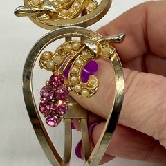 Vintage Clamper Bracelet Pink Rhinestone Flowers Cream Beads 1 missing Gold Tone