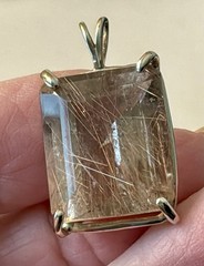 Gold Rutilated Quartz Penant Faceted Emerald Cut Four Prong Setting