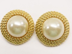 Jewelry Set Cabochon Faux Pearl Brooch Pin Earrings Gold Tone Cable VTG D2200