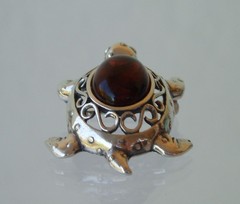 Jezlaine Turtle Filigree & Amber Brooch Pin 925 Sterling Silver Vintage Signed
